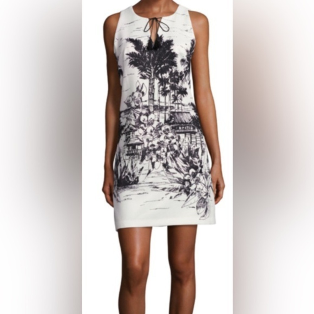 Printed sleeveless pique dress with Palm trees beach,tassels tie NWT